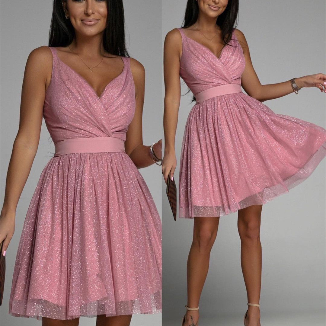 Elegant Glitter Sleeveless Deep V Neck Mesh Women's Party Dress