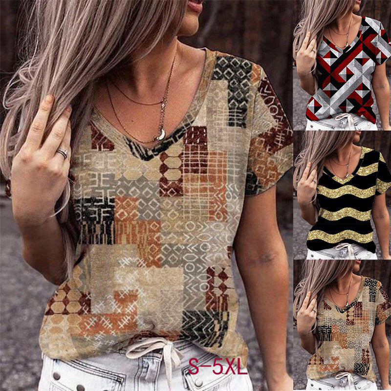 Fashion V-Neck Geometric Print Plus Size Short Sleeve Women's T-Shirt