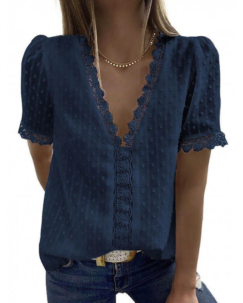 V-Neck Short Sleeve Panel Lace Chiffon Top