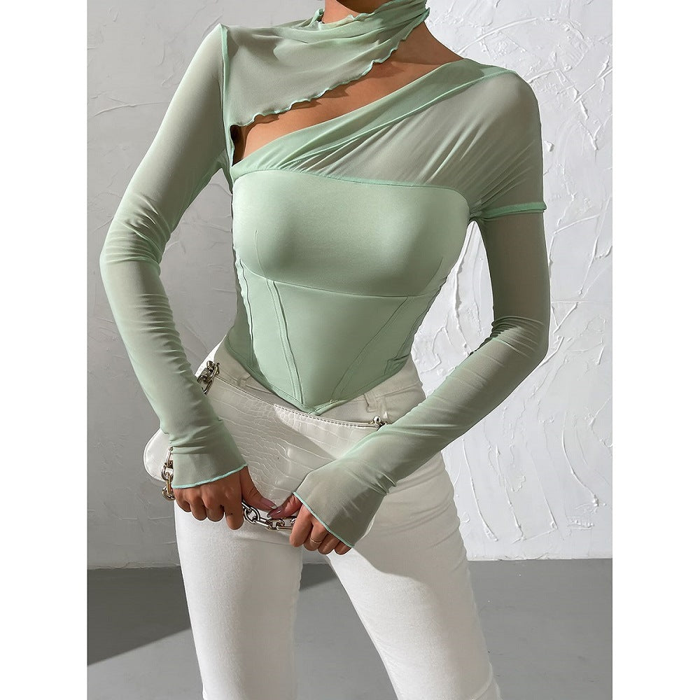 Slim Fit Mesh Splicing Hollow Women's T-shirt