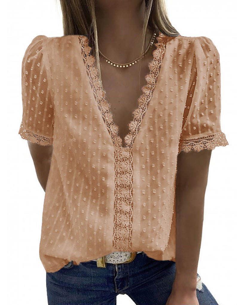 V-Neck Short Sleeve Panel Lace Chiffon Top