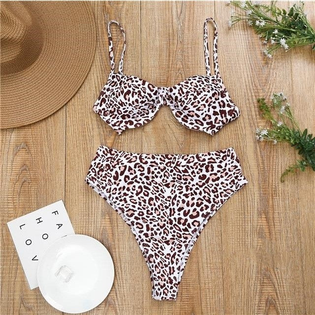 Leopard Print High Waist Cross Back Women's Bikini