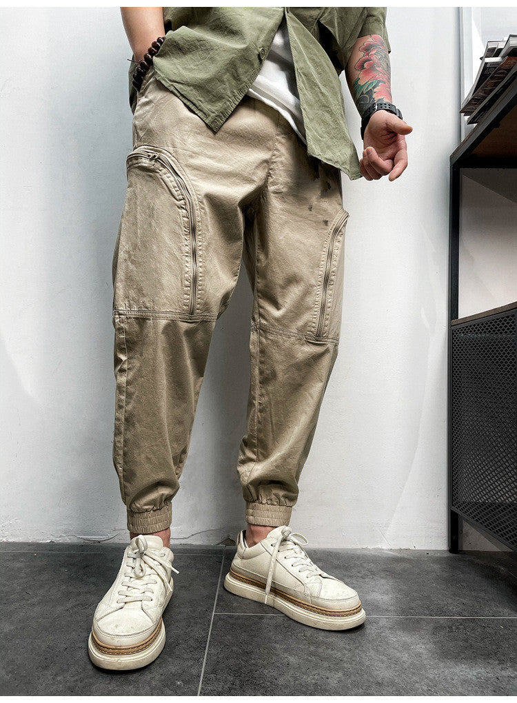 Elastic Waist Zipper Big Pockets Drawstring Men's Cargo Pants