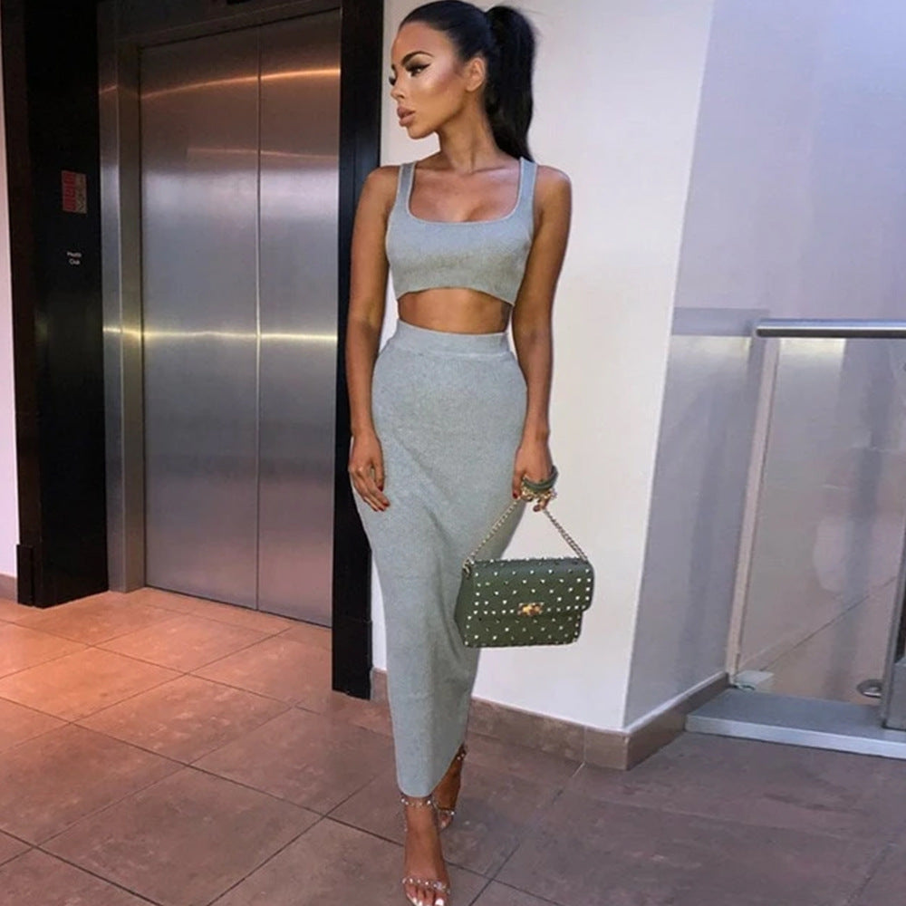 Summer Knitted Vest Women's Crop Top\ skirt suit