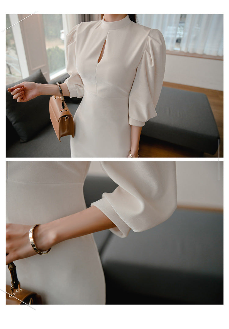 Stand Collar Lantern Sleeve Fashion Hip Pack Professional Women's Dress
