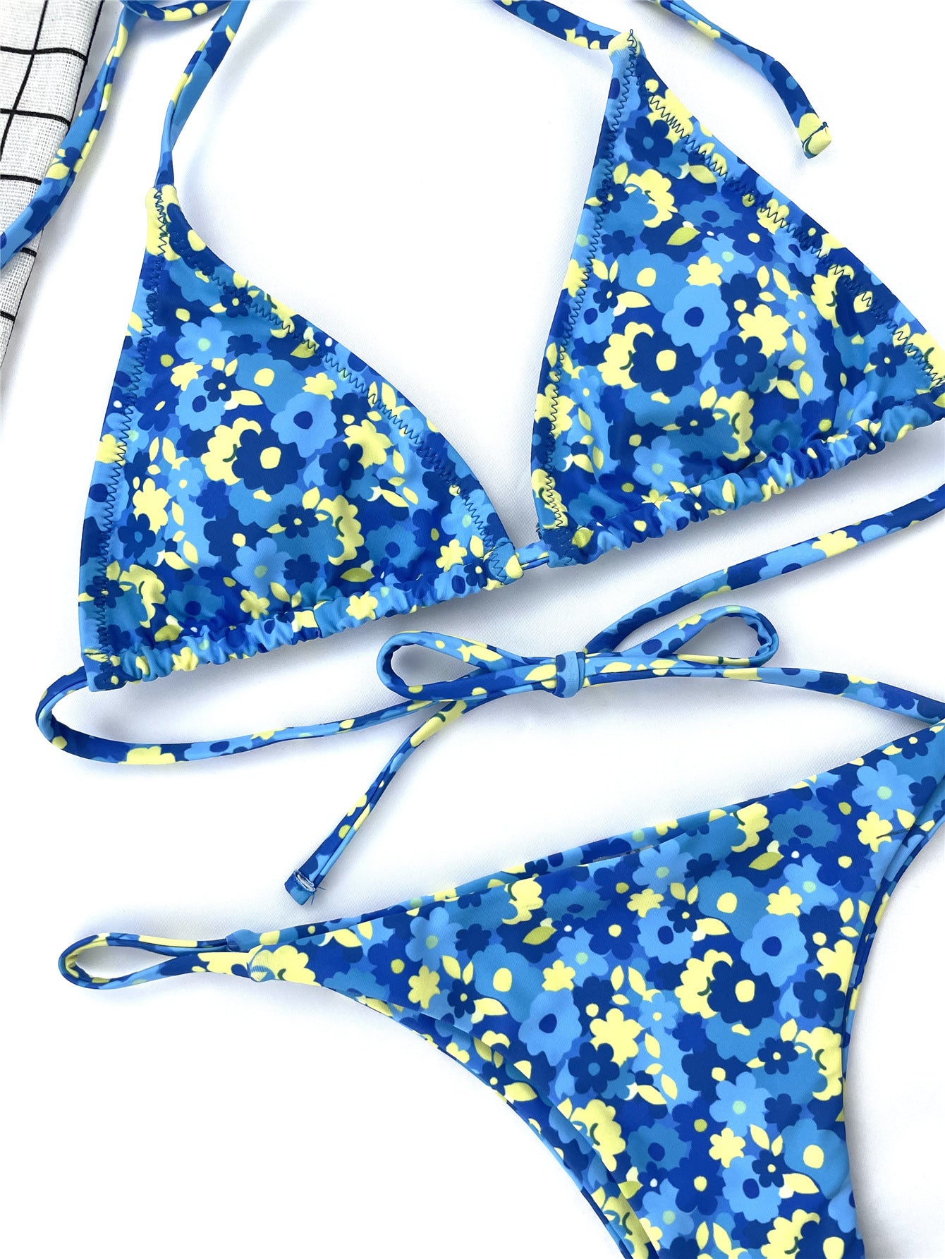 Split Blue Floral Lace-Up Women's Bikini Swimsuit