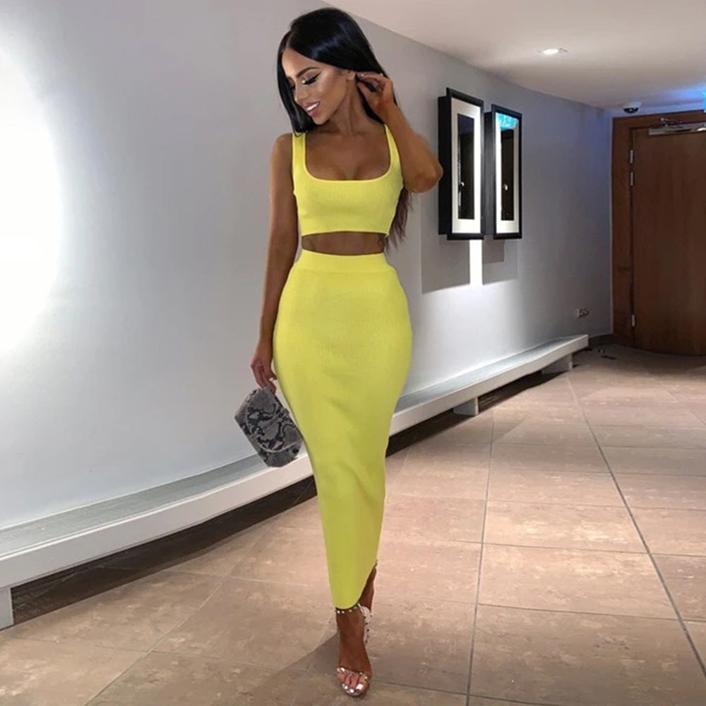 Summer Knitted Vest Women's Crop Top\ skirt suit