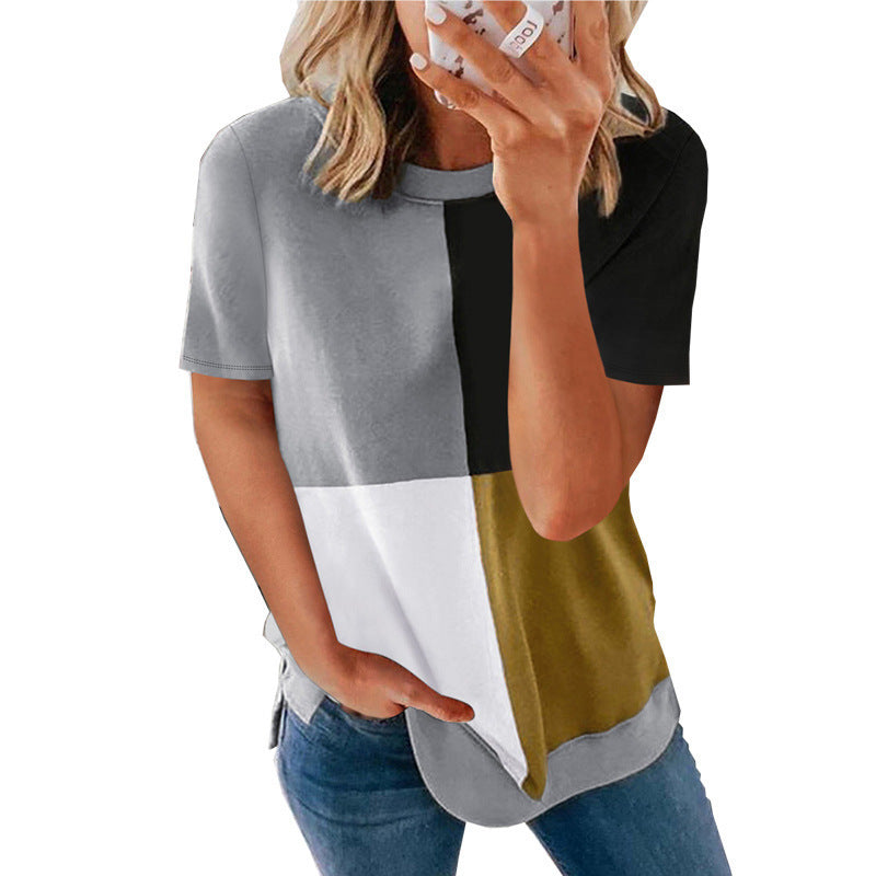 Women's Casual Color-blocking Top Round Neck T-Blood