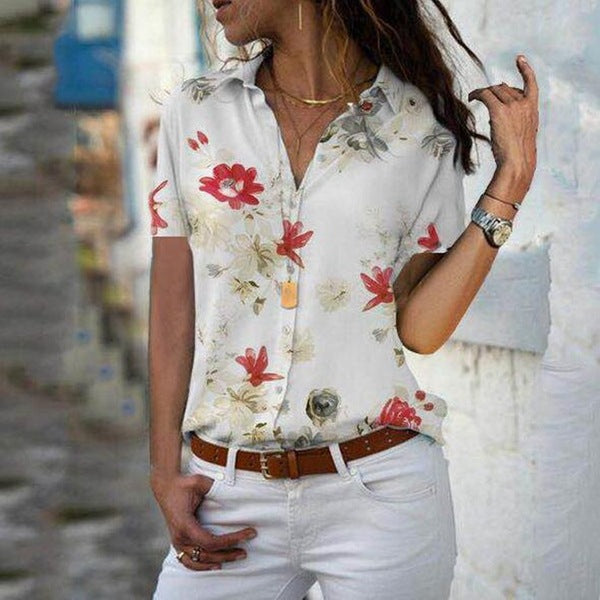 Summer Style Short-Sleeved V-Neck Women's Printed Shirt