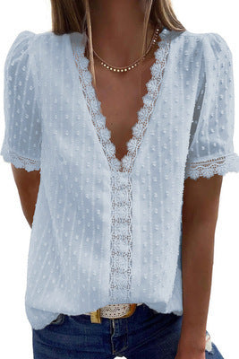 V-Neck Short Sleeve Panel Lace Chiffon Top