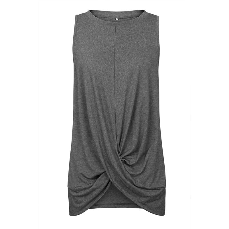 Round Neck Sleeveless Pleated Stitching T-shirt Top