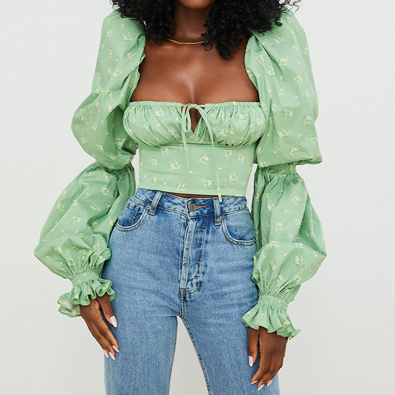Floral Trumpet Sleeve Lace-Up Pleated Women's Crop Top