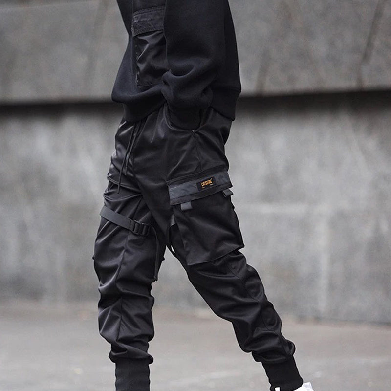 Black Hip Hop Elastic Waist Men's Cargo Pants