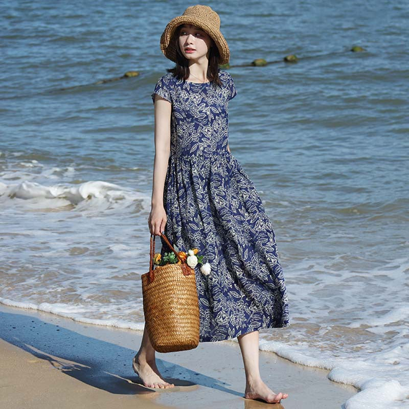 Lazy Blue Floral Short Sleeve Cotton Linen Women's Dress