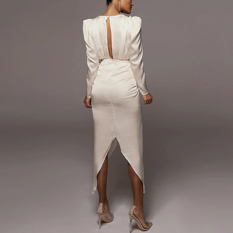 Women's V-neck Pleated Puff Sleeve Dress