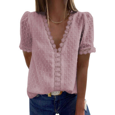 V-Neck Short Sleeve Panel Lace Chiffon Top