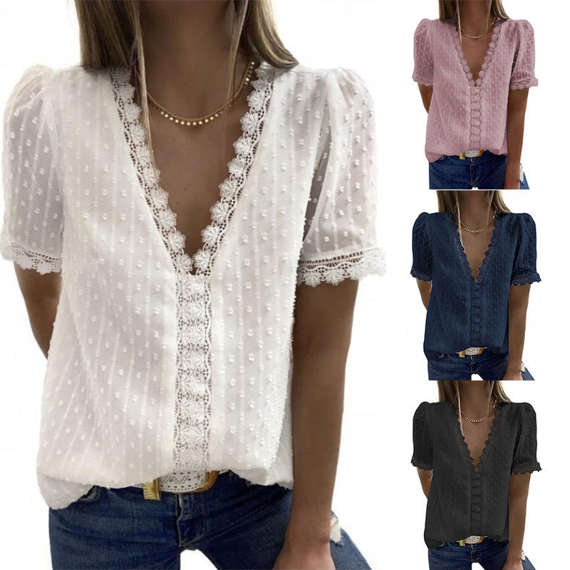 V-Neck Short Sleeve Panel Lace Chiffon Top