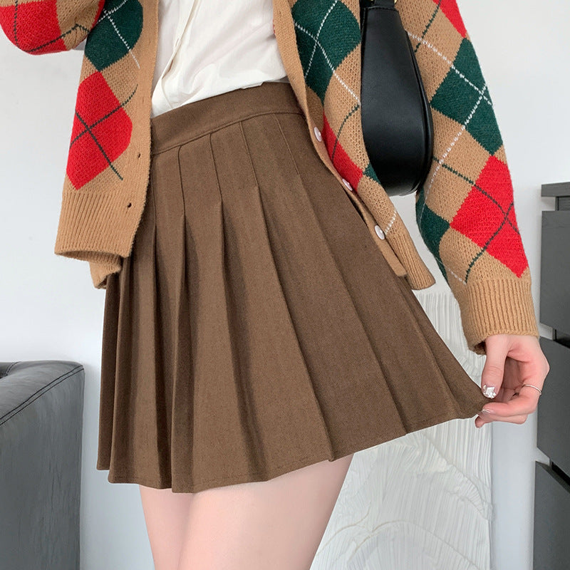 Half Skirt High Waist Pleated Wool Girl's Skirt