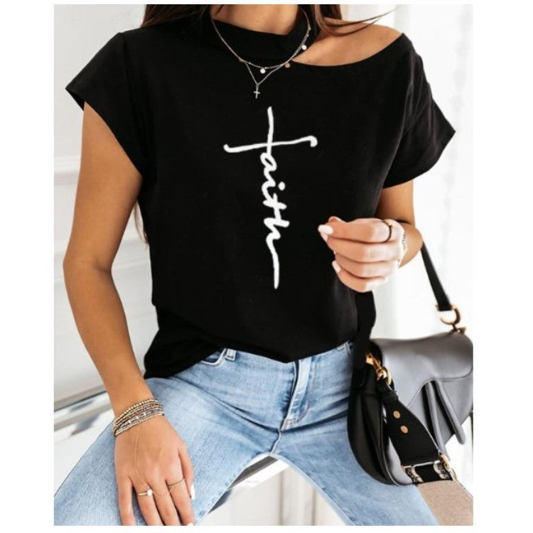 Casual Printed Letter Strapless Women's T-shirt