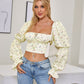 Floral Trumpet Sleeve Lace-Up Pleated Women's Crop Top