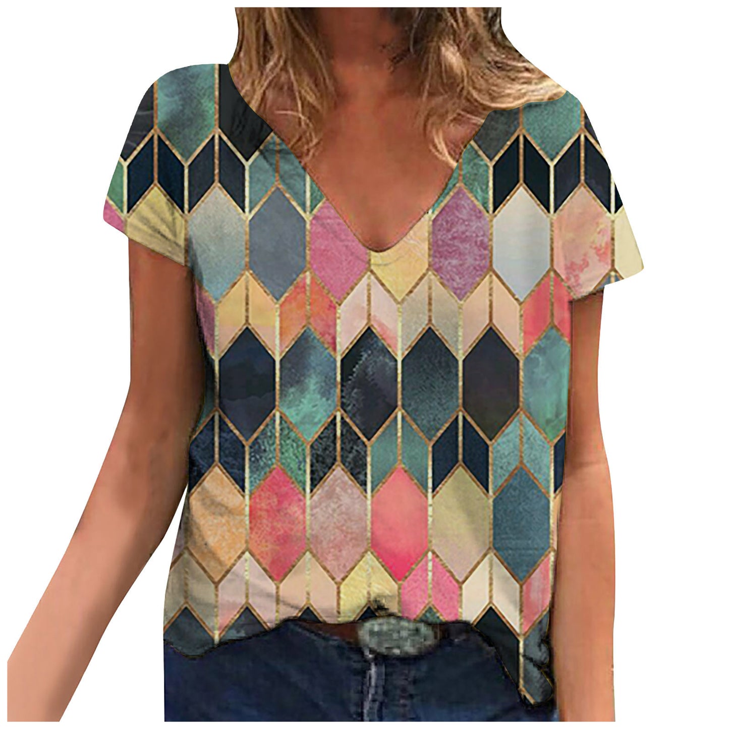 Tops Rhombus Printing Loose V Neck Short Sleeved Women's T-Shirt