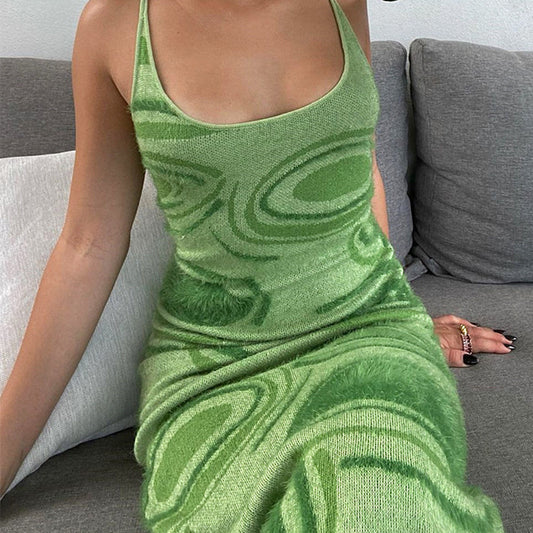 Women's Printed Back Hollow Design Knitted Sling Bag Hip Dress