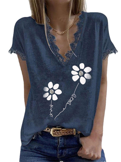 Printed Lace V Neck Short Sleeved Women's Casual Shirt