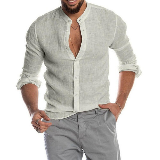 New Cardigan Stand Collar Long Sleeve Men's Shirt