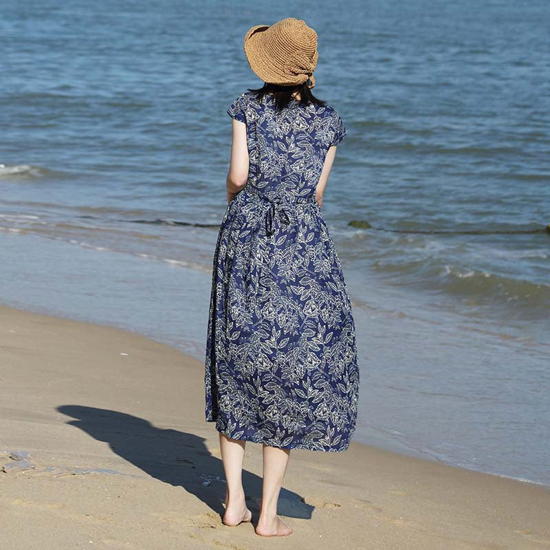 Lazy Blue Floral Short Sleeve Cotton Linen Women's Dress