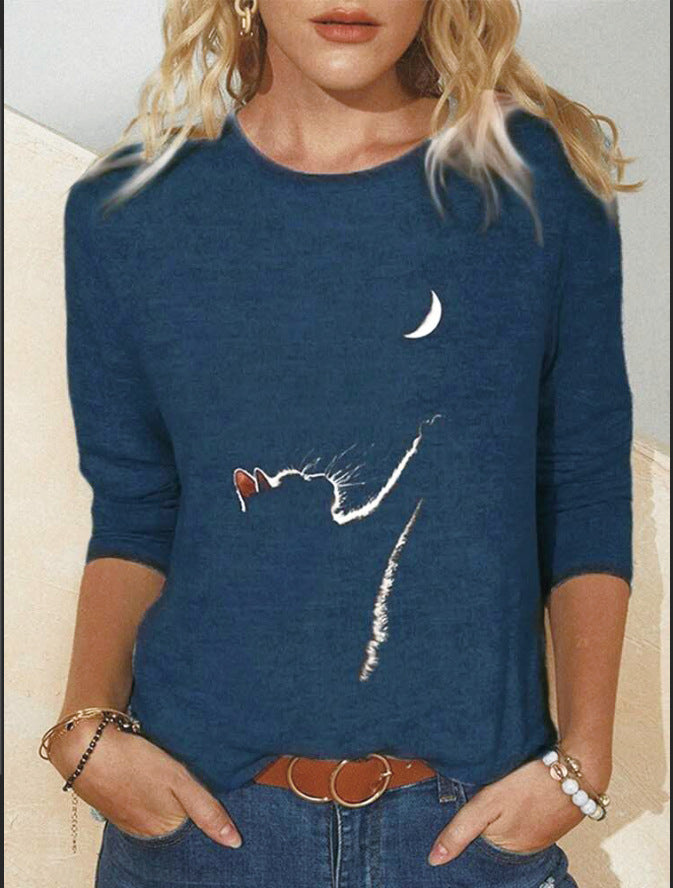 Knitted Long Sleeve Animal Print Round Neck Women's Casual T-Shirt