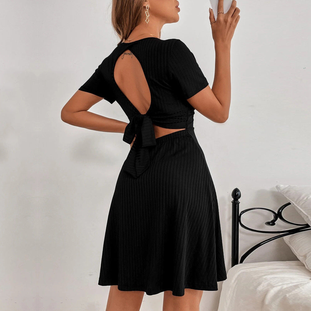 Backless Strappy V Neck Ruffle Skirt Women's Dress