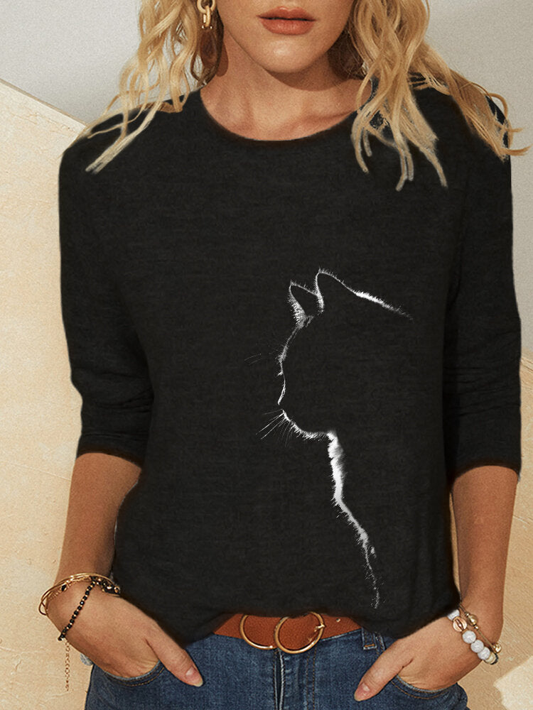 Knitted Long Sleeve Animal Print Round Neck Women's Casual T-Shirt