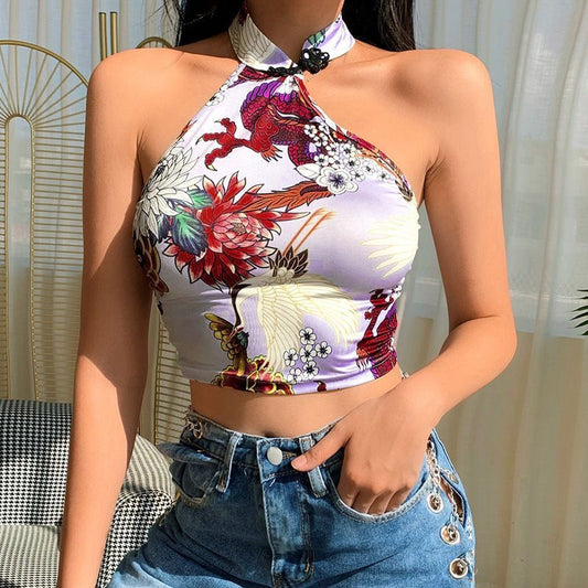 Chinoiserie Printed Halter Neck Buttoned Sexy Navel Women's Crop Top