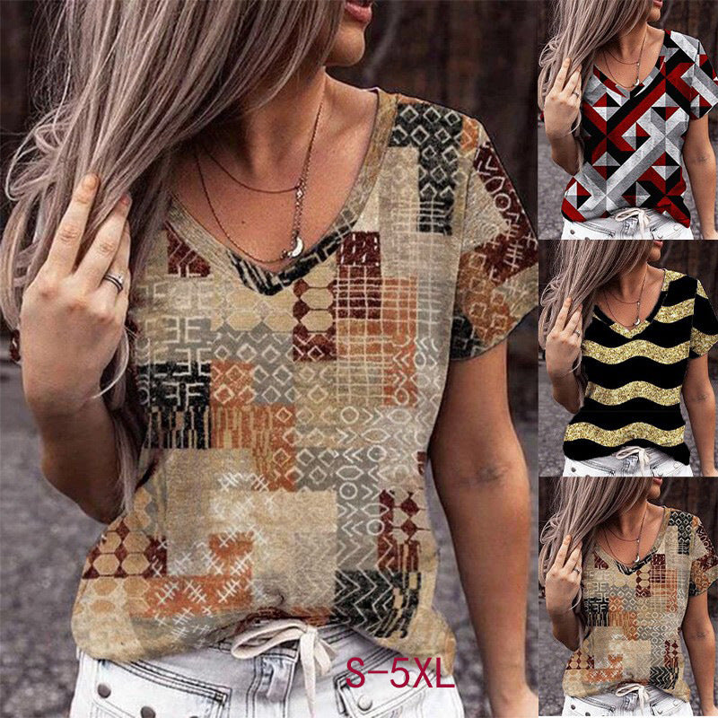 Fashion V-Neck Geometric Print Plus Size Short Sleeve Women's T-Shirt