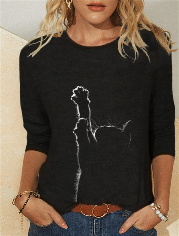 Knitted Long Sleeve Animal Print Round Neck Women's Casual T-Shirt