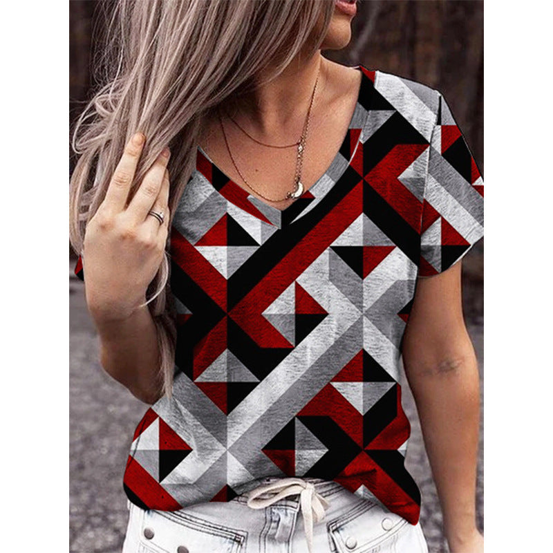 Fashion V-Neck Geometric Print Plus Size Short Sleeve Women's T-Shirt