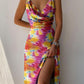 V-Neck Slip Low Cut Printed Slit Women's Dress