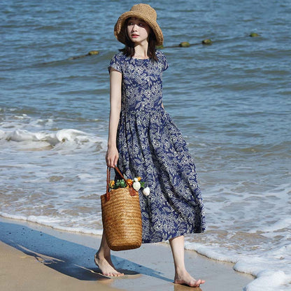 Lazy Blue Floral Short Sleeve Cotton Linen Women's Dress